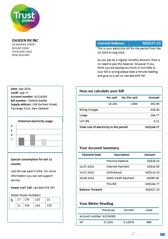 Download New Zealand Trustpower business utility bill template in Word and PDF formats Photoshop template